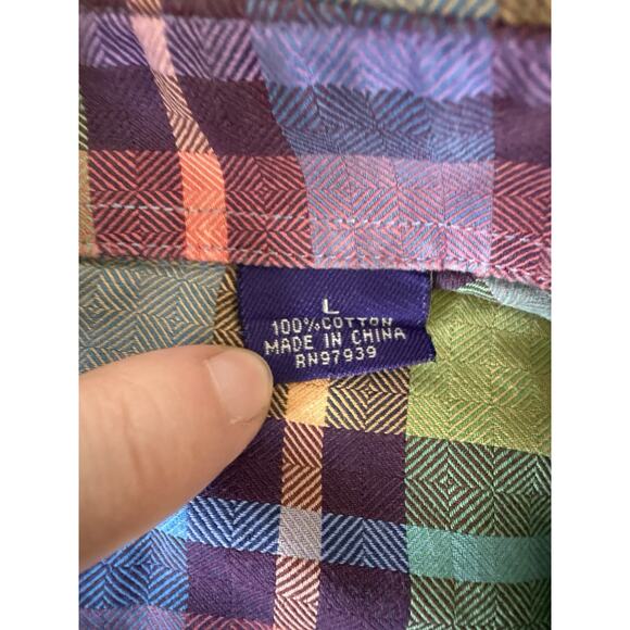Alan Flusser Button Down Collar Shirt Mens Large Colorful Check Plaid L/S Pocket - Picture 4 of 7